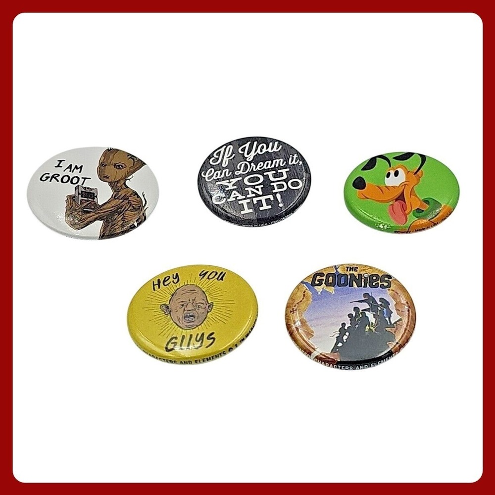 Button‎ Pin Lot 5pc Goonies Sloth Groot Pluto Disney Movie Comic Badge Collector